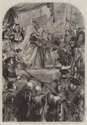 Koningin Elizabeth die Sir Francis Drake tot ridder slaat